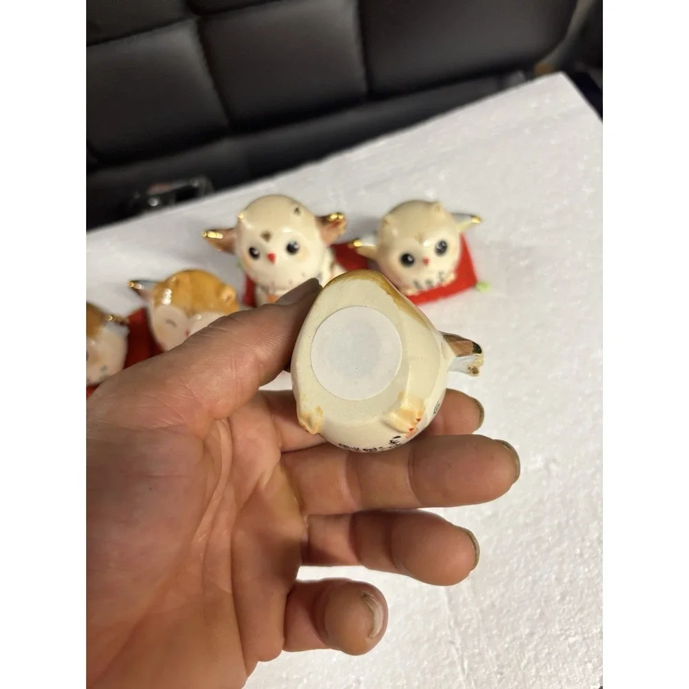Vintage Yakushigama Japan Pottery Owls Set 5 Pcs Lucky Fukurou Fortune Decor⁠